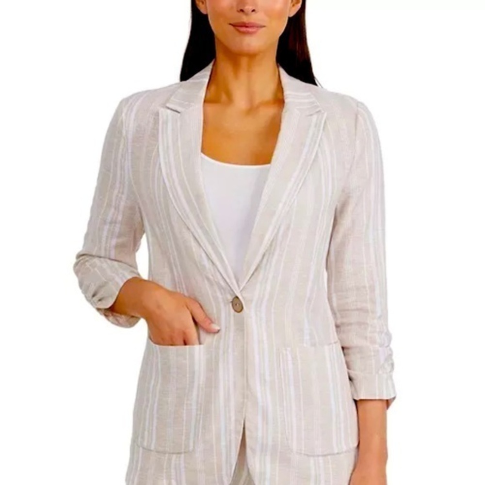 Ellen Tracy Tan & White Linen Blend Blazer - Size M (8-10) NWT